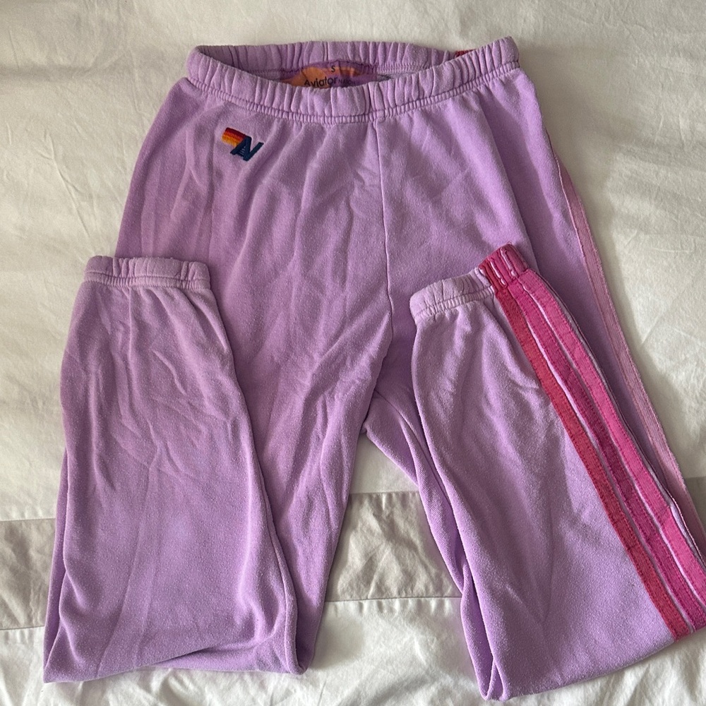 Aviator Nation Purple Track Pants with Pink Stripes